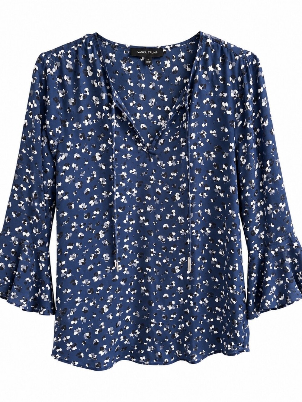 Ivanka Trump Women's Blouse Top Navy Floral V-neck Bell Sleeves Size S